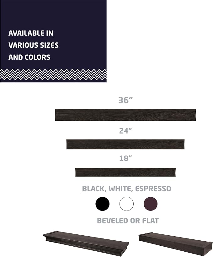 HIGH & MIGHTY Modern 24" Floating Shelf Holds up to 20 lbs, Easy Tool-Free Dry Wall Installation, Flat, Espresso | 515659