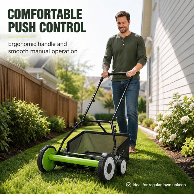 Garvee 4-Wheel Push Lawn Mower Manual Reel Grass Cutter Carbon Steel ABS