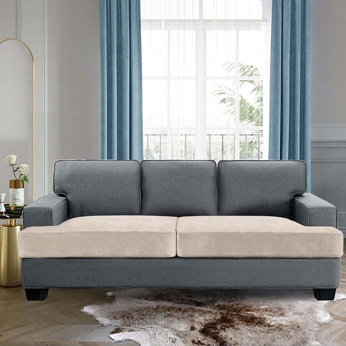 H.VERSAILTEX Stretch Velvet 2 Piece T-Cushion Cover Separate T-Cushion Cover Seat Cover for Sofa Couch Cushion Slipcovers Furniture Protector with Elastic Bottom(Sofa, Ivory)