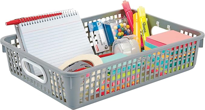 Really Good Stuff Multi-Purpose Small Desktop Paper Storage Baskets | 14" x 10" x 3.25", Set of 4, Neutral Group Colors, Classroom Organization, Stackable Mesh Plastic Baskets with Grip Handles