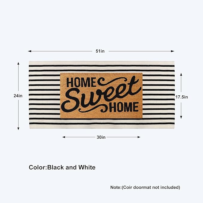 Collive Black and White Outdoor Rug Door Mat 24"x 51", Cotton Woven Striped Front Doormat, Washable Front Porch Outdoor Decor for Farmhouse Front Door Layered Kitchen Porch