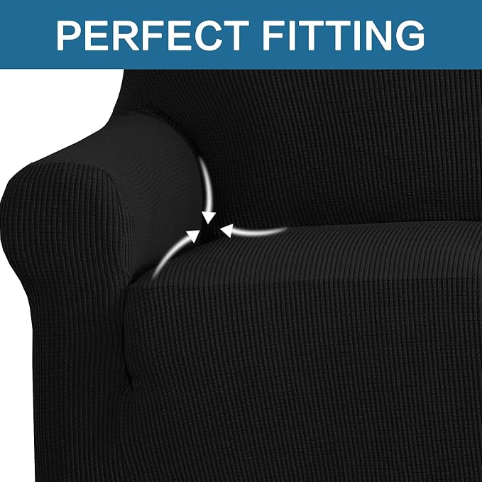 H.VERSAILTEX Stretch Chair Cover 1 Piece Armchair Cover Slip Covers for Sofas/Couches with Elastic Bottom Soft Thick Furniture Protector for Dogs Cats Jacquard Small Checked(Armchair 31"-40", Black)