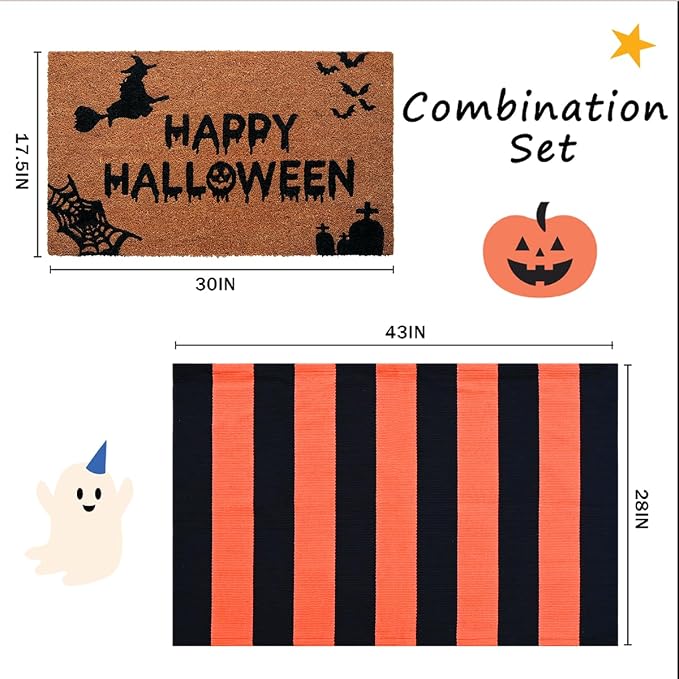 Halloween Decor Doormat Combo Set, 100% Coco Coir Welcome Mat + 28 x 43 Inches Orange and Black Striped Rug - Halloween Fall Front Porch Entryway Decor Floor Mat, Outdoor Autumn Mats Happy Halloween