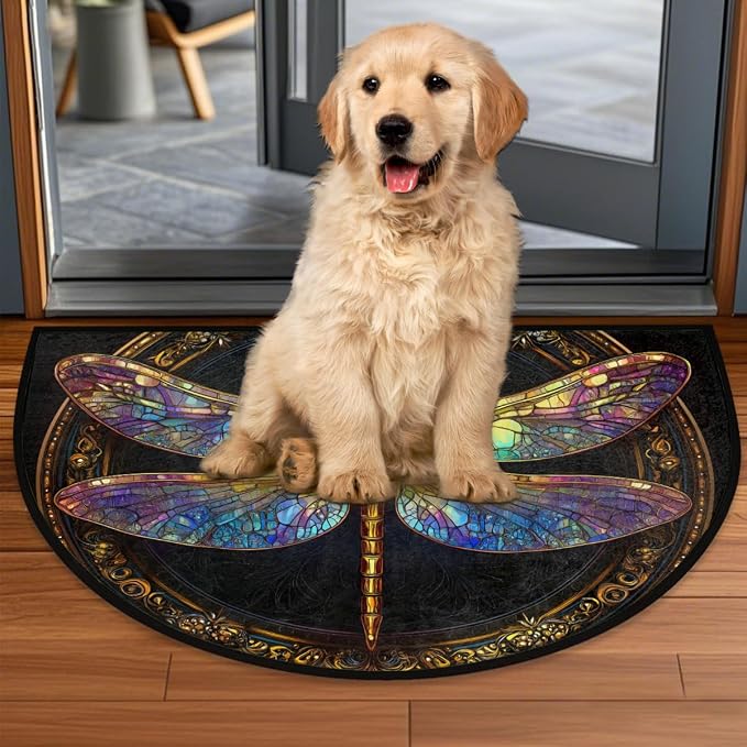 Dragonfly Half Round Door Mat Outdoor Doormat Bedroom Entrance Rug A17 | Bohemian Dragonfly Semi Moon Door Mat Non-Slip Absorbent Kitchen Rug Indoor Welcome Bath Mat 36" X 24"