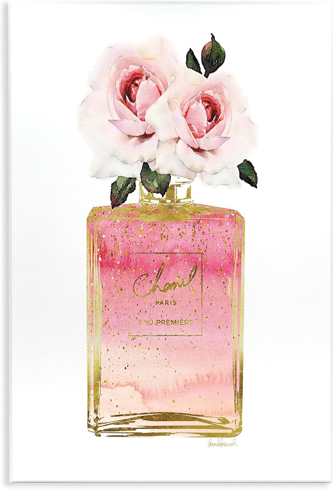 The Stupell Home Décor Collection Pink and Gold Ombre Perfume Bottle with Roses Wall Plaque Art, 13 x 19, Multi-Color | Stupell Industries · By Amanda Greenwood · Ready to hang · Shabby chic charm for living room or bedroom · Made in USA