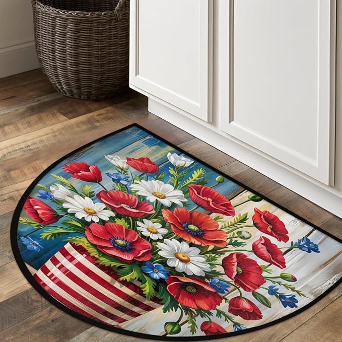 Spring Flower Wood Half Round Door Mat Non-Slip Semi Circle Rug Washable Half Moon Floor Rug Absorbent Bathroom Area Rugs for Outdoor Indoor Fireplace Mat Entryway Kitchen Decor Rugs