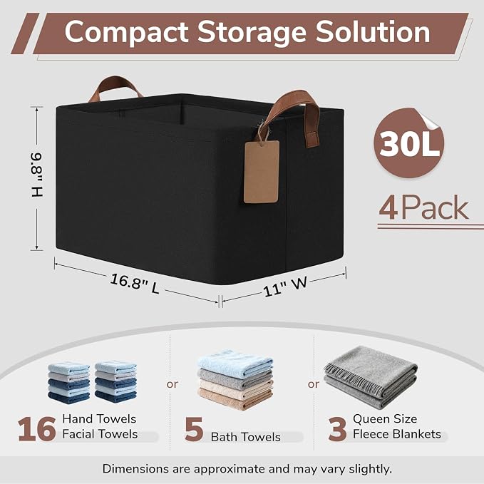 CHICVITA 4 Pack Large Storage Baskets with Metal Frame, Black | 16.8 × 11 × 9.8 in, Reinforced Handles, Collapsible Design, Closet & Shelf Organization, Clothes, Blankets & Toys Storage