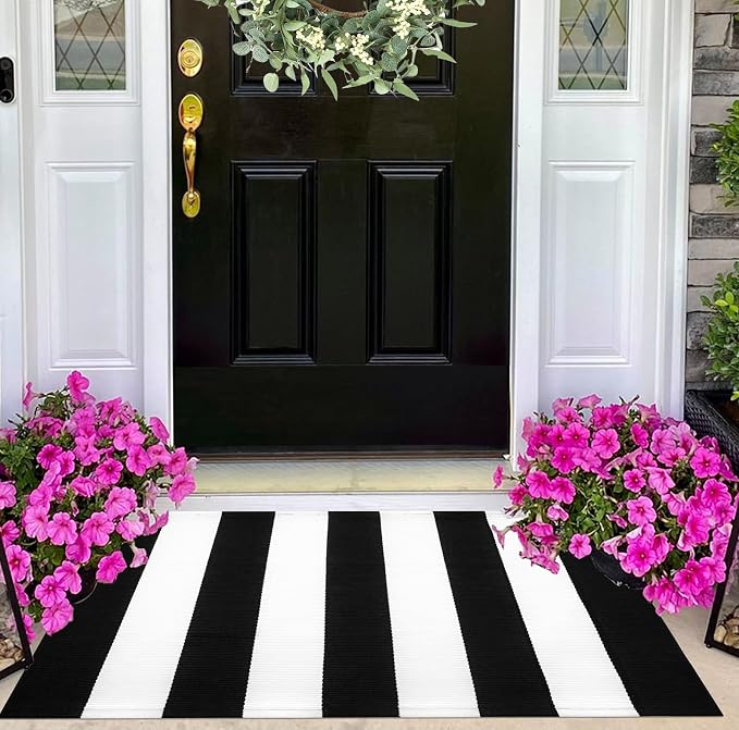 Black and White Striped Rug Doormat 24"x35" Washable Front Porch Rug Farmhouse Layered Door Mats Outdoor