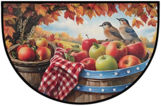 Autumn Half Round Doormat Non-Slip Semi Circle Rug Half Moon Mat | Bird Maple Apple Washable Soft Absorbent Indoor Outdoor Entrance Kitchen Bathroom Sink Patio Welcome Fireplace Floor Rug