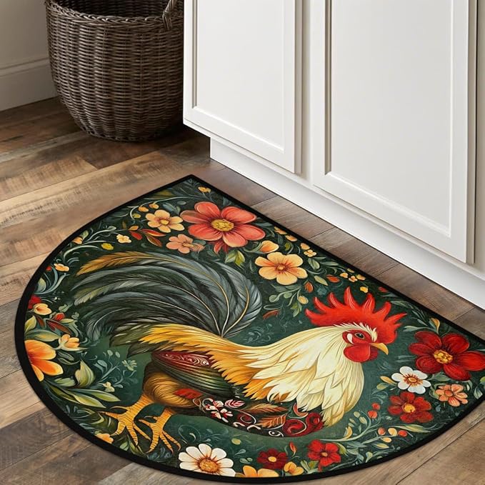 Rooster Half Round Doormat Semi Circle Rug Half Moon Rug Entryway Mat | Rooster Flower Washable Non Slip Outdoor Floor Rug Kitchen Mat for Indoor Outdoor Bathroom Fireplace Bath Decor