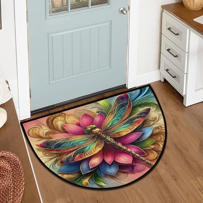 Pardick Half Round Doormat Dragonfly Flower Animal Semi Circle Rug Non Slip Indoor Outdoor Entrance Half Moon Rug Washable Front Floor Mat for Kitchen Bathroom Patio Fireplace Holiday Decor