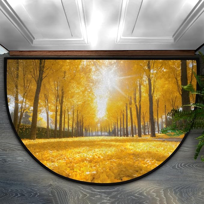 Autumn Half Round Doormat Non-Slip Semi Circle Rug Half Moon Mat | Yellow Tree Washable Soft Absorbent Indoor Outdoor Entrance Kitchen Bathroom Sink Patio Welcome Fireplace Floor Rug
