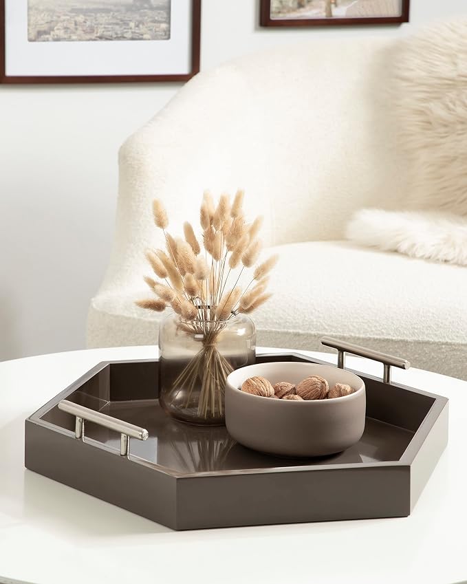 Kate and Laurel Lipton Modern Hexagon Tray; 18 x 15.5; Brown and Silver; Decorative Geometric Serving Tray for Storage and Display