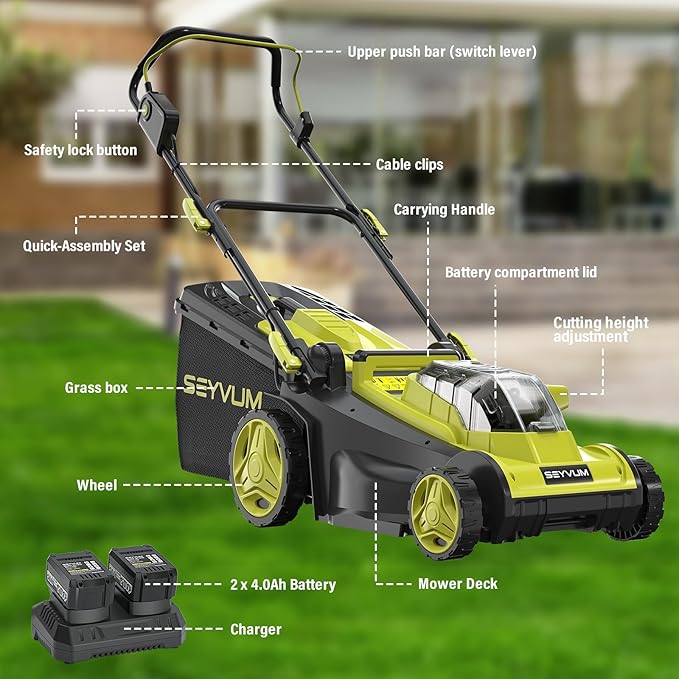 SEYVUM 40V 16" Cordless Lawn Mower with 2×4.0Ah Battery, 45L Collection Bag | 6-Position Height Adjustment, 2.4A Fast Charger Included