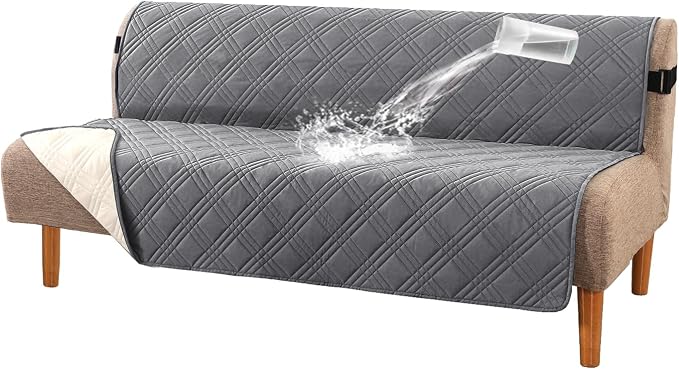 H.VERSAILTEX 100% Waterproof Futon Cover Reversible Futon Slipcover Armless Sofa Slipcover Furniture Protector Seat Width Up to 70" Washable with Adjustable Elastic Strap Anti-Slip, Grey/Beige