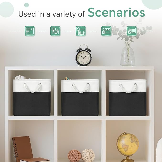 FinishingBo 11 inch Cube Storage Bin with Handles 6 Pack | Foldable Basket, Fabric Storage Bins, Closet Storage, Home Organizer (White/ Black)