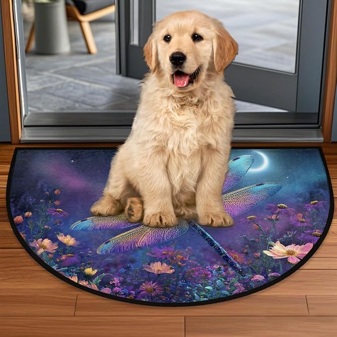 Dragonfly Half Round Door Mat Outdoor Doormat Bedroom Entrance Rug A14 | Dragonfly Flower Floral Semi Moon Door Mat Non-Slip Absorbent Kitchen Rug Indoor Welcome Bath Mat 36" X 24"