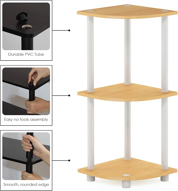 Furinno TURN-N-TUBE Corner Shelf, 3-Tier Corner Bookshelf, Display Storage Shelves with Open Shelves, for Organization and Storage, Living Room, Home Office, Garage, Beech