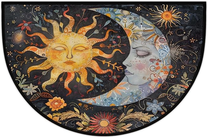 Moon Sun Half Round Door Mat Non-Slip Semi Circle Rug Half Moon Doormat | Ethnic Moon Sun Soft Washable Welcome Entrance Mat for Outdoor Indoor Floor Bedroom Bathroom Home Kitchen Festival Decor