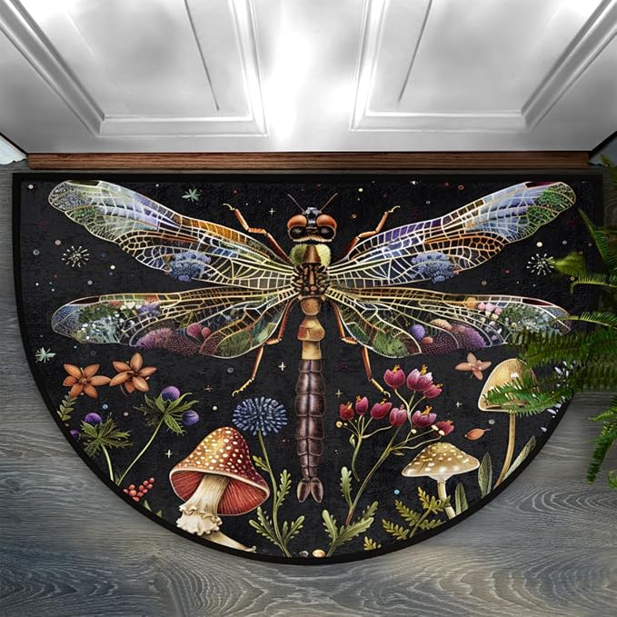 Dragonfly Flower Mushroom Half Round Door Mat, Non-Slip Entrance Welcome Mat for Indoor Semi Circle Bathroom Floor Rugs Outdoor Mats House Entry Way Heavy Duty Doormat for Kitchen Living Room 36x24 In