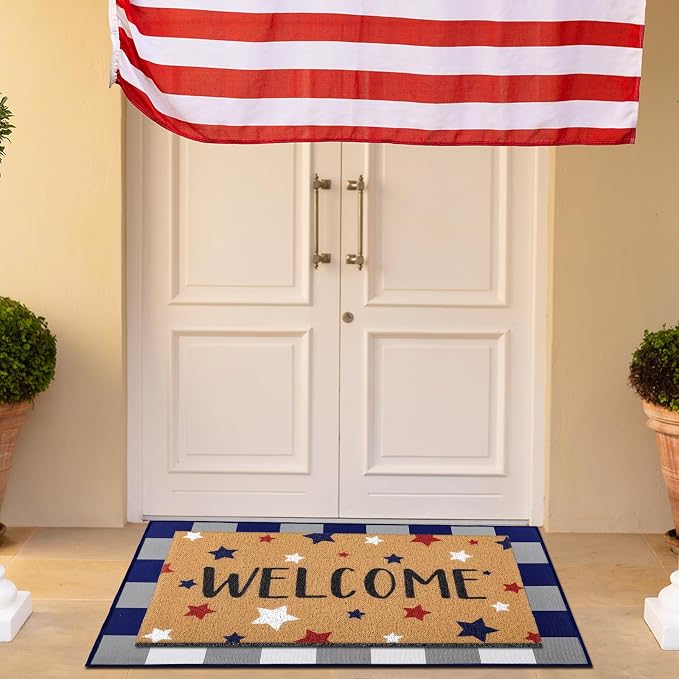 Tinideya 2 Pcs 4th of July Door Mat Patriotic Welcome Non Slip Coir Mats Red Blue White Independence Day Star Buffalo Floor Layering Doormats Seasonal for Front Porch Entryway Decor(Independence Day)