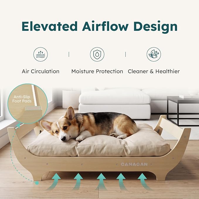 CANAGAN Elevated Wooden Dog Bed with Cushion, Natural Wood, Medium | Raised Dog Couch Bed with a Washable Cover and Plush PP-Filled Cushion, Designed for Medium Dogs and Stylish Indoor Living