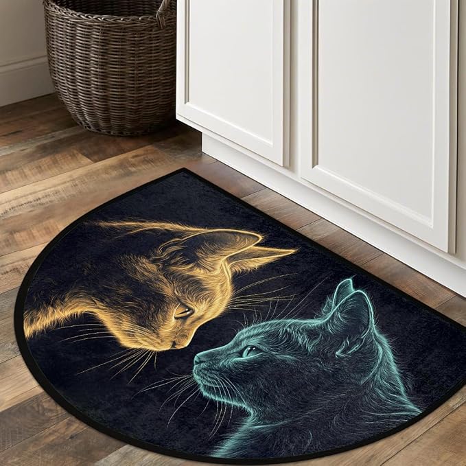 cfpolar Half Round Door Mat Animal Blue Cat Cute Kitten Non-Slip Semi Circle Area Rug Washable Half Moon Hearth Rugs for Indoor Outdoor Bathroom Kitchen Patio Runner Mat Laundry Room Home Decoration