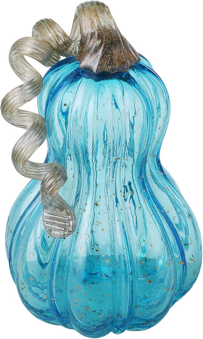 Glitzhome Hand Blown Glass Pumpkin Decor 8.5" Blue - Artisan Fall Table Centerpiece for Thanksgiving Harvest Home Decor Halloween Displays