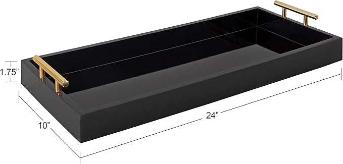 Kate and Laurel Lipton Narrow Decorative Tray with Polished Metal Handles, 10 x 24, Black and Gold, Chic Accent Tray for Display and Storage