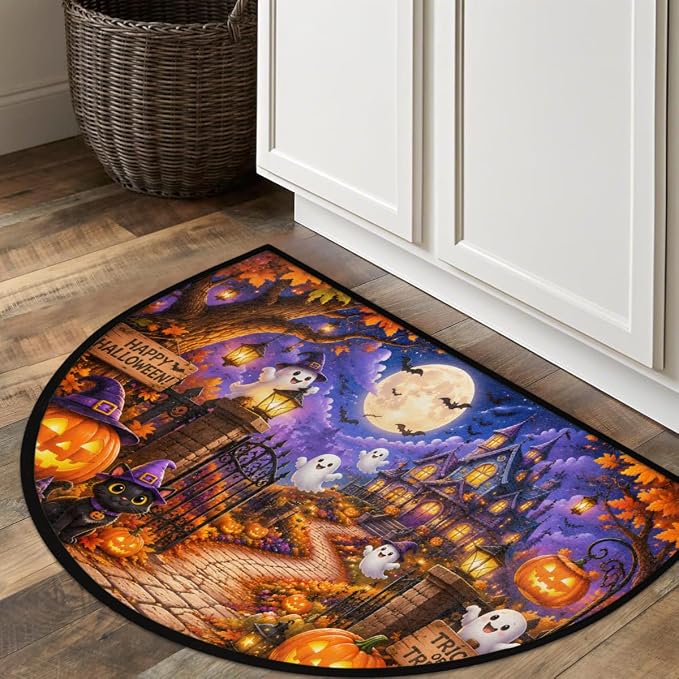 Halloween Half Round Door Mat Welcome Entrance Mat Bath Bathroom Rug B2 | Halloween Ghosts Welcome Entrance Mat Anti-Slip Half Moon Bath Mat Semi Circle Rug Indoor Outdoor Kitchen Rug