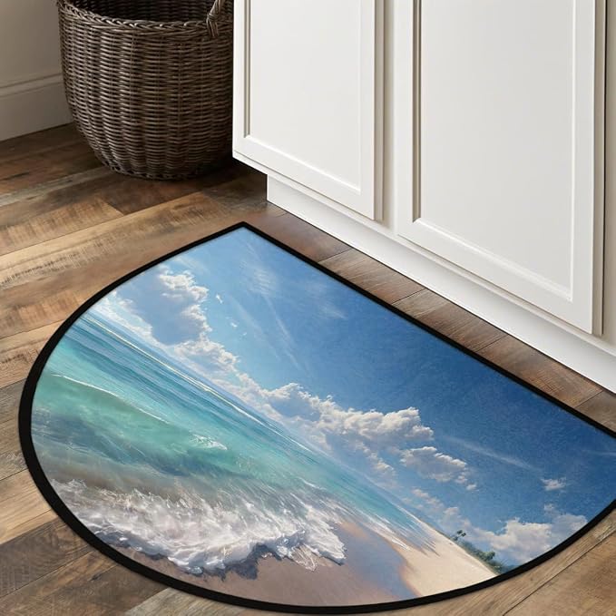 Beach Summer Half Round Door Mat Non-Slip Semi Circle Rug Half Moon Doormat | Seaside Beach Summer Soft Washable Welcome Entrance Mat for Outdoor Indoor Floor Bedroom Bathroom Home Kitchen Festival Decor