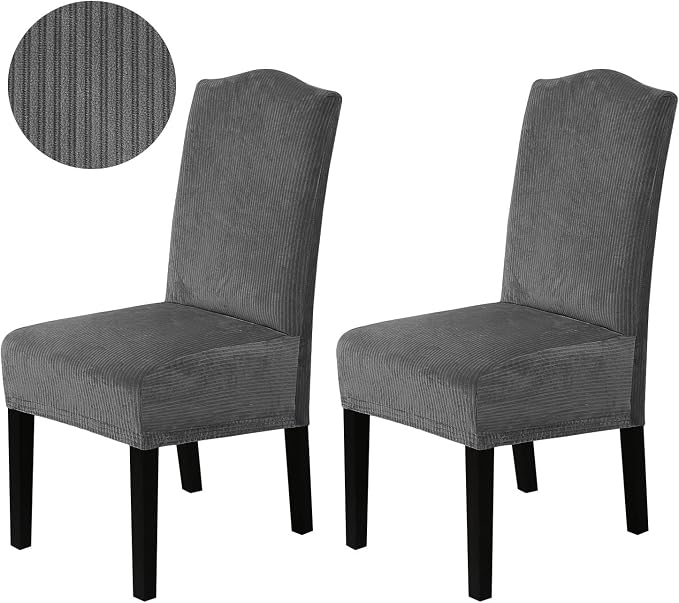 H.VERSAILTEX Velvet Dining Chair Covers Stretch Chair Covers for Dining Room Set of 2 Parson Chair Slipcovers Chair Protectors Covers Dining, Soft Thick Solid Velvet Fabric Washable, Grey Striped