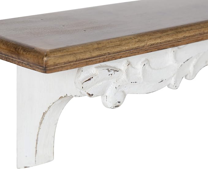 Kate and Laurel Abberly Farmhouse Wall Shelf, 28 x 5 x 6.5, Rustic Brown and White, Rustic Floating Shelf for Wall