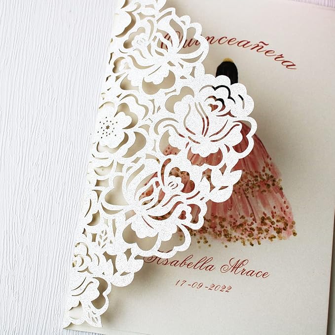 50PCS Customized Silver Laser Cut Quinceanera Invitation kit 5x7.3 Inch Hollow Rose Floral Quinceanera Invitation Cards with Envelopes for Quinceañera Birthday Invite