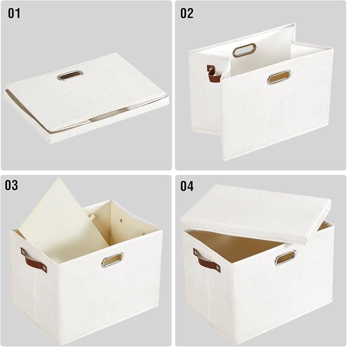 Roobyl 15" Large Collapsible Storage Bins with Lids, Stackable Closet Organizers with PU Handle and Labels, 3-Pack Decorative Fabric Storage Boxes for Home, Bedroom, Closet, Office, Nursery(White)