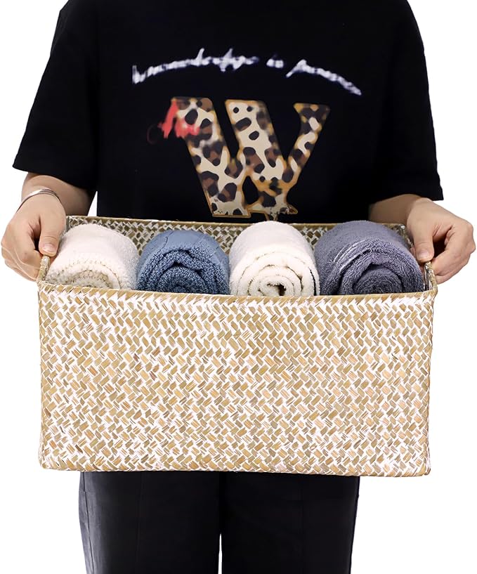 Hipiwe Wicker Storage Basket Bin X-Large Rectangular Opened Baskets Box | Handwoven Seagrass Basket Box with Handle for Shelf Organizing Closet Bathroom, 15.7" L x 11.8" W x 7.5" H