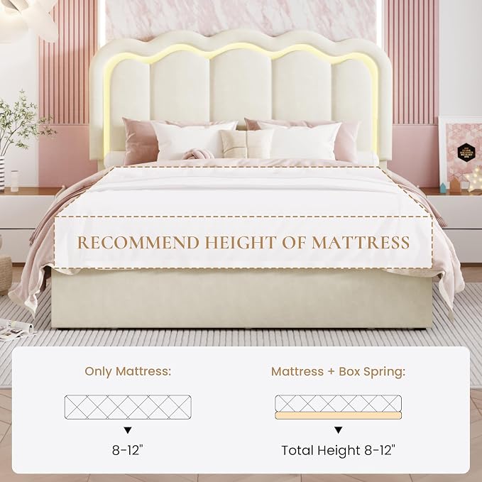 SHA CERLIN Full Size Bed Frame with LED Lights and Storage Drawer, Cream | Upholstered Velvet Platform Bed with Adjuatable Wavy Headboard, Noise-Free, Easy Assembly,No Box Spring Needed