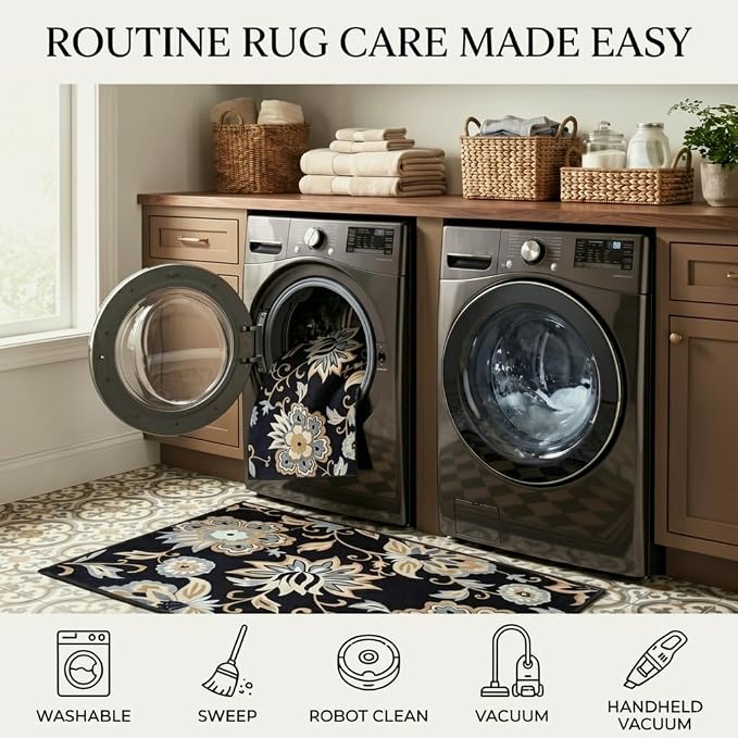 Black Floral Washable Rug 3x5, Ultra Thin Resistant Paisley Bedroom Rugs, Non-Slip Vintage Entryway Carpet, Boho Print, for Living Room, Kitchen, Office