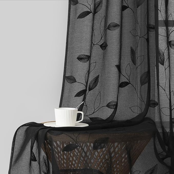 HOMEIDEAS Black Sheer Curtains 52 X 96 Inches Length 2 Panels Black Embroidered by HOMEIDEAS