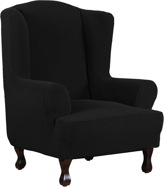 H.VERSAILTEX Wing Chair Slipcover Chair Covers for Wingback Chairs Wingback Chair Covers Slipcovers 1 Piece Stretch Sofa Cover Furniture Protector Soft Spandex Jacquard Checked Pattern, Black