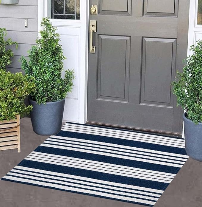 Blue and White Striped Doormat 24'' x 35'' Front Porch Rug Machine Washable Indoor Outdoor Doormat for Front Porch Hand-Woven Entryway Rug for Laundry/Bathroom/Bedroom