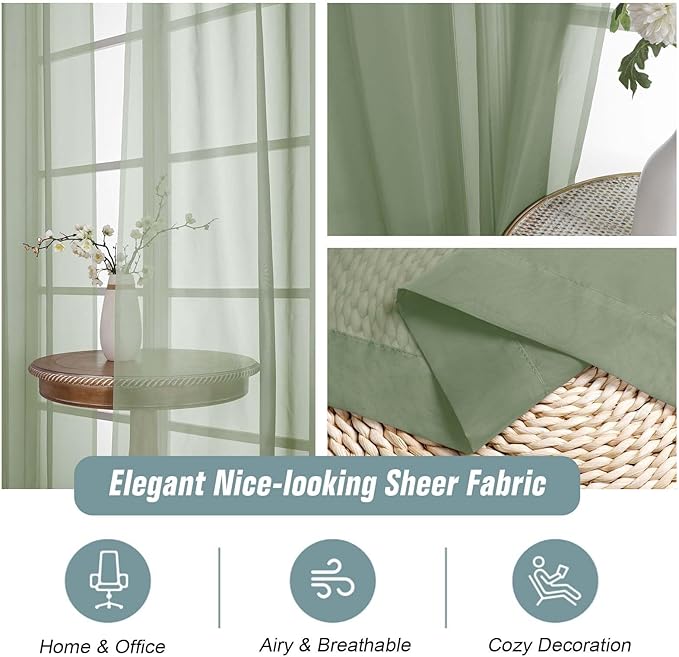 Sage Green Window Sheer Curtains 45 Inches Length, Voile Short Curtains for Living Room Bedroom, Modern Soft Window Drapes 2 Panels Set, Top Dual Rod Pocket Design, 2x42Wx45L Inches