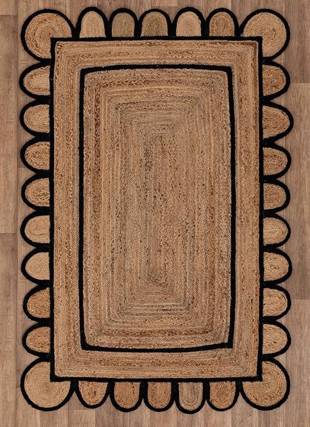 Scalloped Natural Jute Area Rug for Bedroom Living Room, Kitchen, Patio, Hallway, Entryway, Indoor, Outdoor, Farmhouse, Modern Carpet, Door Mat, Black, 2x6 ft.