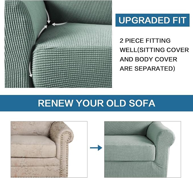 H.VERSAILTEX 2 Pieces Loveseat Slipcovers Love Seat Cover Furniture Cover/Protector Fit Lovesat Width Up to 70 Inch, Stay in Place Suit for T Cushion/Box Cushion (Loveseat, Sage)