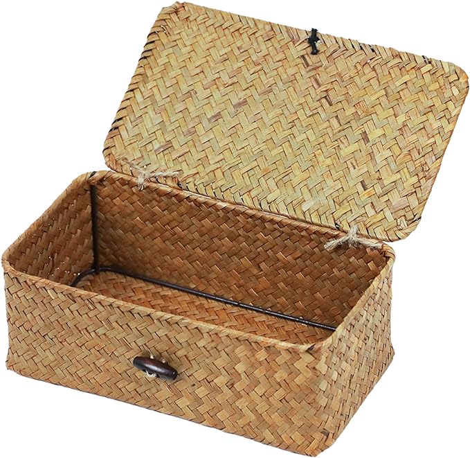Seagrass Wicker Storage Basket with Lid, Small, Natural | Small Storage Box, Shelf Organizer, Rectangular Woven Bin, Baskets for Organizing, Natural Decor, 9.05 x 5.11 x 3.34