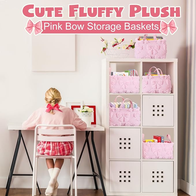 2 Pcs Pink Bow Storage Baskets 14x10'' Back to School Gift Baskets Foldable Fluffy Laundry Storage Bin with Handle Coquette Closet Organizer for Preppy Dormitory Countertop Tabletop Shelf