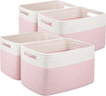 OIAHOMY 4 Pack Storage Basket, 13"x9"x7.8" Cotton Rope Baskets for Shelves, Closet Organizer for Bedroom & Living Room, Soft Decorative Bins for Organizing Towels, Books & Toys, Pink & White