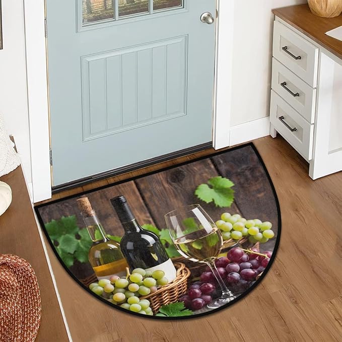 cfpolar Half Round Door Mat Fruit Grapes Wine Leaves Non-Slip Semi Circle Area Rug Washable Half Moon Hearth Rugs for Indoor Outdoor Bathroom Kitchen Patio Runner Mat Laundry Room Home Decoration