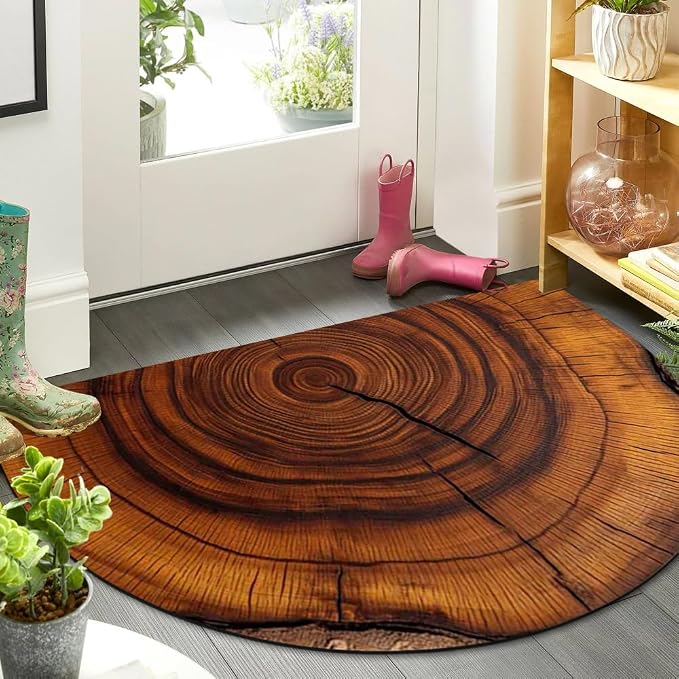 Wood Grain Brown Half Round Door Mat Non Slip Washable Semi Circle Area Rug,Absorbent Soft Doormat for Front Door Entryway,Heavy Duty Welcome Mat with Rubber Backing,Floor Mat for Garage Pet 17"x30"