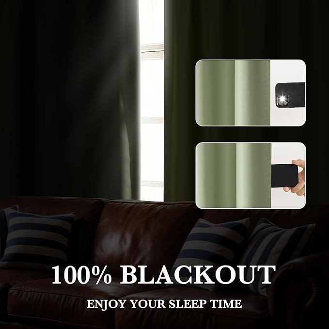 RYB HOME Bedroom Blackout Curtains 80 inches Long, 100% Blackout Thermal Insulated Noise Reducing Curtains for Living Room Nursury, 34 inches Wide by 80 inches Long, Sage Green